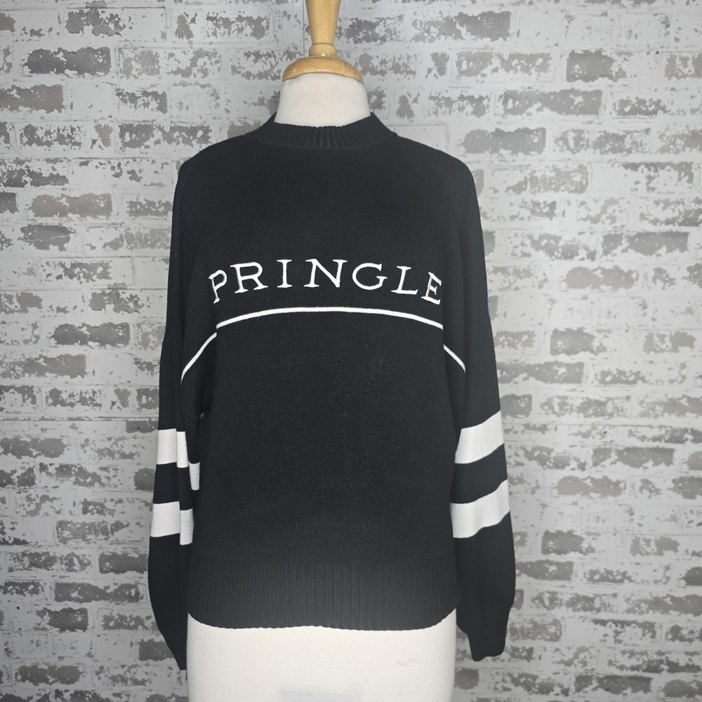 Pringle‎ Of Scotland Sweater Womens XS Pullover Crewneck Cropped Spellout Black